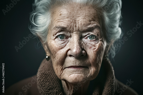 A Portrait of Time: Elderly Woman with White Hair and Blue Eyes in a Brown Coat, ai generative