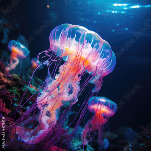 The Purple-striped Jellyfish on under water dark sea
