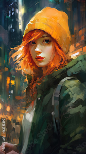 Awesome Oil Pianting of A Young Girl With Green Jacket Green Cap and Orange Hair Background