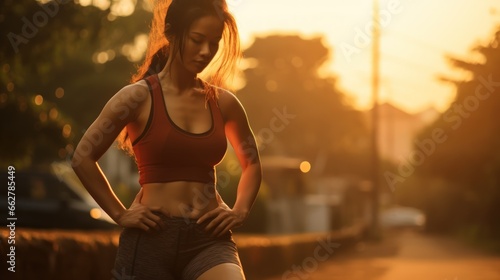 Young woman work out at out door park in morning sunrise.