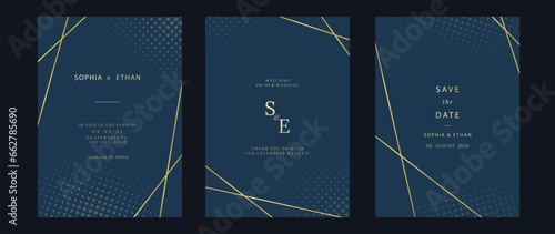 Luxury invitation card background vector. Golden elegant geometric shape, gold line, dot gradient on dark blue background. Premium design illustration for gala card, grand opening, party invitation.