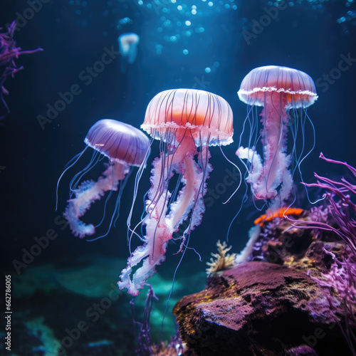 Glowing jellyfish swim deep in blue sea. Medusa neon jellyfish in ocean © mirexon