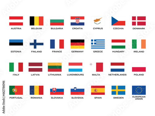 Flags of European Union countries list vector illustration. European union country name icon set isolated on a white background. EU flag icons collection in flat design