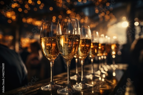 Glasses of champagne on a bar counter against a background of golden bokeh