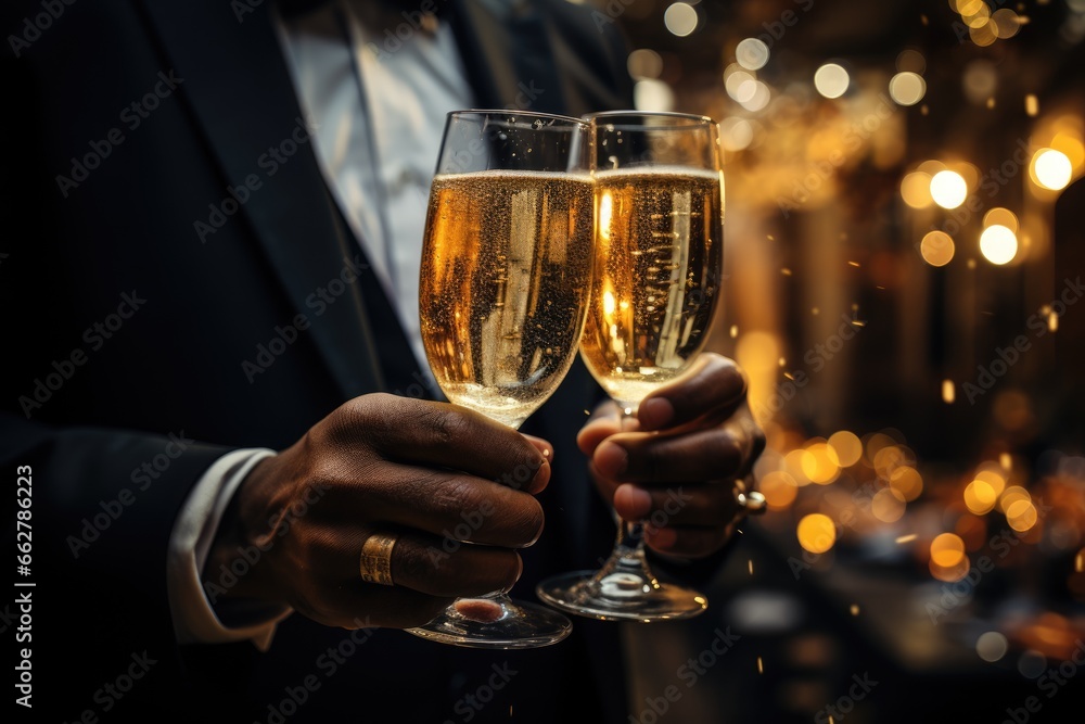 Close-up of dark-skinned man's hands holding glasses of champagne against Christmas bokeh background