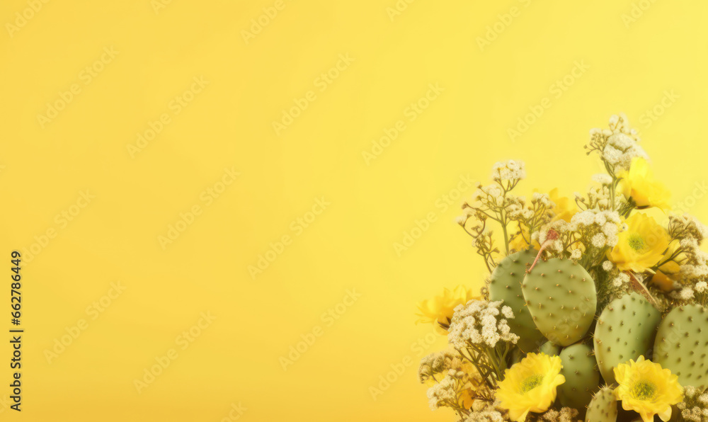 Joyful still life of a lively flower bouquet and cacti.