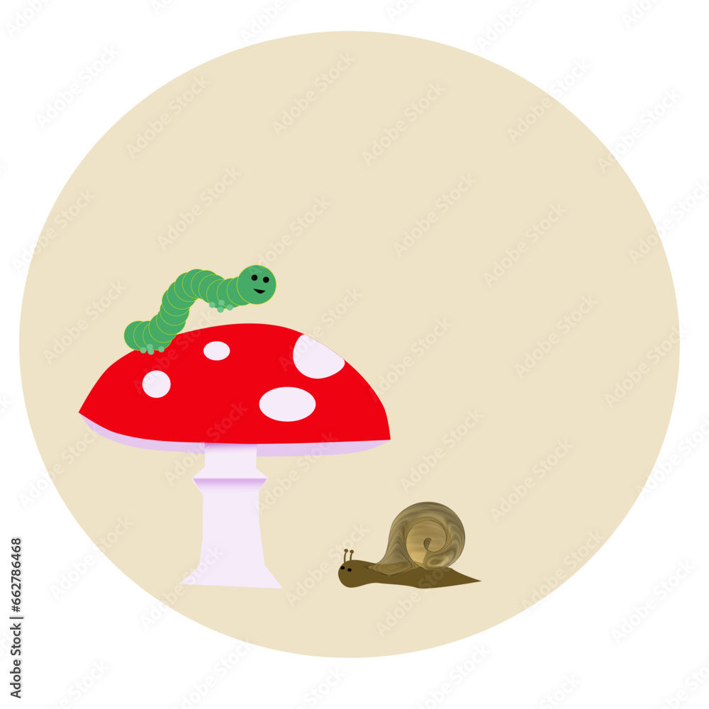 Whimsical nature design elements, mushroom, caterpillar, snail Whimsical nature design elements, mushroom, caterpillar, snail