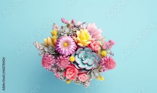 Vibrant bouquet of various flowers and succulents against a serene blue backdrop.