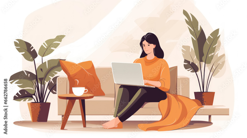 Young woman work at home with laptop in living room hand drawn illustration. Young woman work at home with laptop in living room hand drawn illustration.