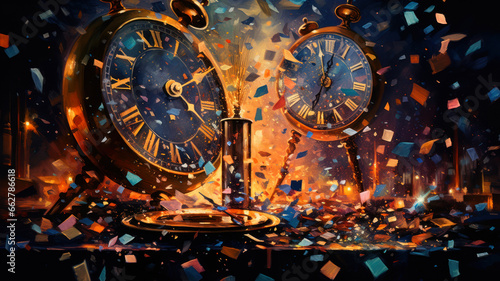Conceptual image of an old clock and falling confetti.