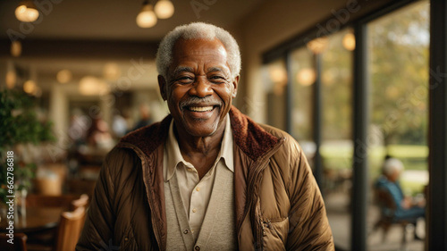 Happy beautiful elderly retired black man in a bar enjoying her retirement

 photo