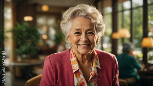 Happy beautiful elderly retired woman in a bar enjoying her retirement