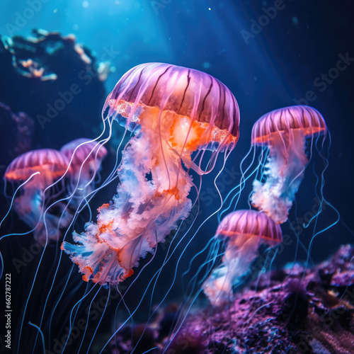 A jellyfish with a purple body and blue tentacles is swimming in the water with a blue background © mirexon