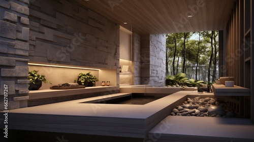 A tranquil bathroom with a built-in bench and natural stone accents
