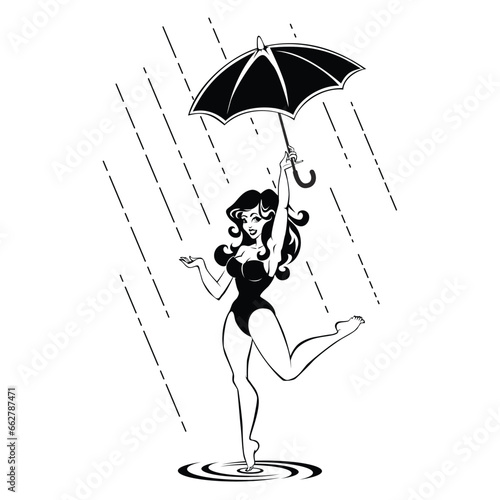 Beautiful girl with umbrella dances in rain. Pop art vector in pin up style on transparent background