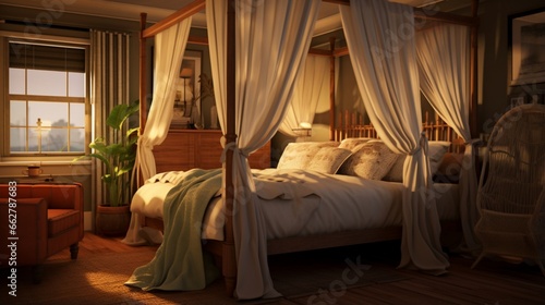 A tranquil bedroom featuring a four-poster canopy bed