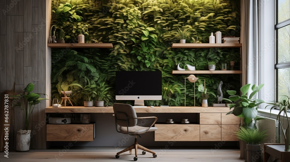 A tranquil home office with a living plant wall and natural textures - obrazy, fototapety, plakaty 