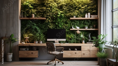 A tranquil home office with a living plant wall and natural textures
