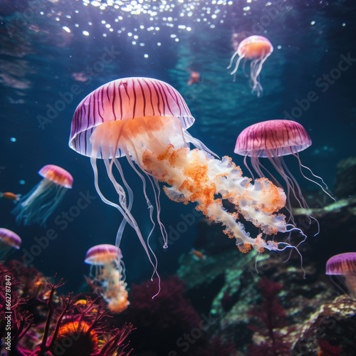 Realistic jellyfish blue lightening, poisonous jellyfish in dark deep water, deep ocean creature