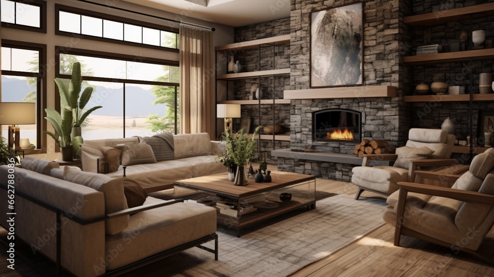 A transitional living room with a blend of textures and materials A transitional living room with a blend of textures and materials