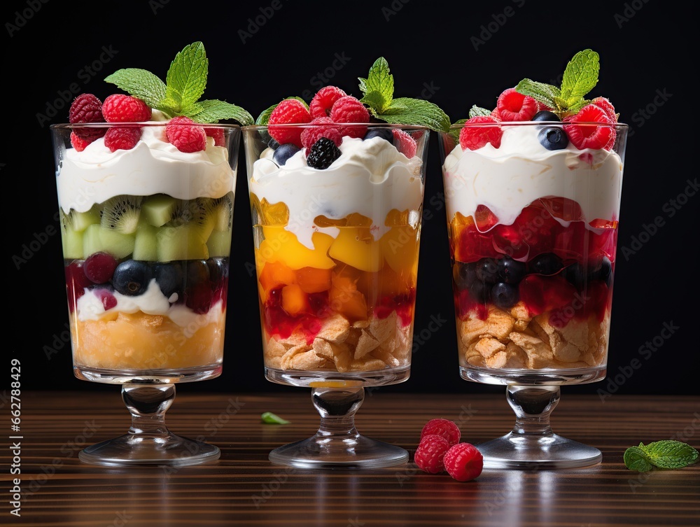 Parfait glasses with layered fruit salad and yogurt illustration, Parfait with fruits background Parfait glasses with layered fruit salad and yogurt illustration, Parfait with fruits background