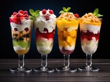 Parfait glasses with layered fruit salad and yogurt illustration, Parfait with fruits background 