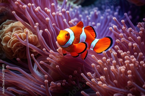Amphiprion ocellaris clownfish and anemone in sea.