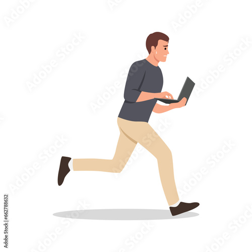 Stressed employee hurrying, hectic about missing work deadline, time limits. Busy office worker late, rushing with laptop. Flat vector illustration isolated on white background