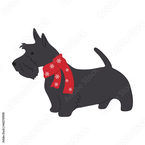 Christmas Scottish terrier in hand drawn style. Merry Christmas illustration of cute pet with accessory. Flat vector illustration isolated on white background