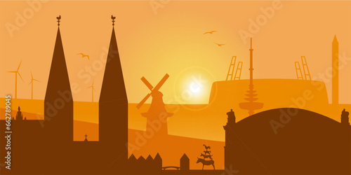 Silhouette of the city of Bremen for a background with sights (orange)