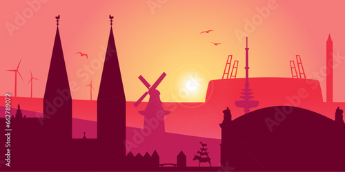 Silhouette of the city of Bremen for a background with sights (red)