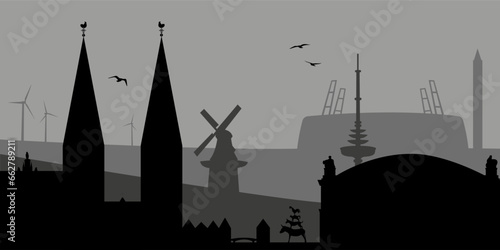 Silhouette of the city of Bremen for a background with sights (grey)