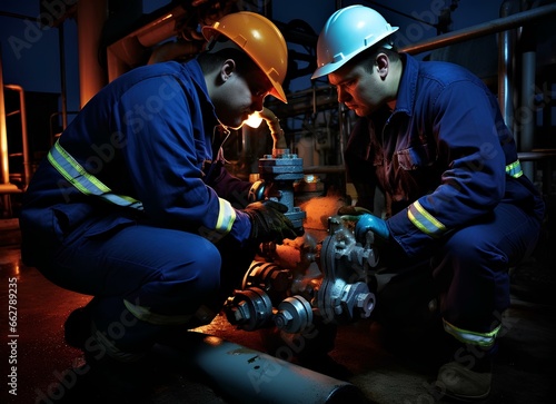 Men in uniforms and helmets, in the process of working at a gas production plant.