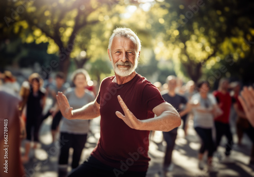 Group of people doing outdoor fitness, focus on a senior man taking care of his health and mind. Generative ai 