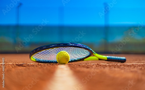 Tennis racket close-up. Background with copy space. Sport court and ball. © Mike Orlov