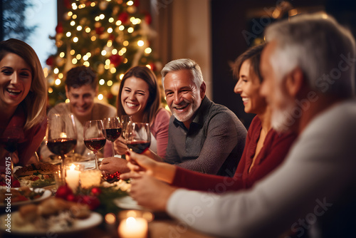 warm and cozy scene of family enjoying a meal together  Christmas party conversation and enjoying their time together