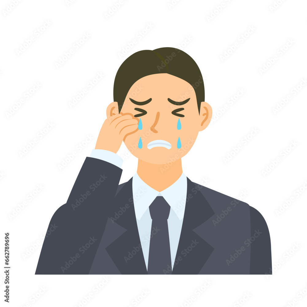 泣く男性会社員。フラットなベクターイラスト。A male office worker crying. Flat designed vector illustration.