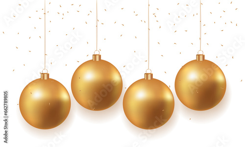 Christmas golden balls and falling confetti on a white background. Golden realistic Christmas toys. Luxurious hanging trinkets with ribbon. Festive glitter design elements. Vector illustration EPS 10