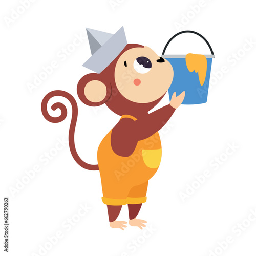 Monkey Builder Character Hold Bucket Vector Illustration