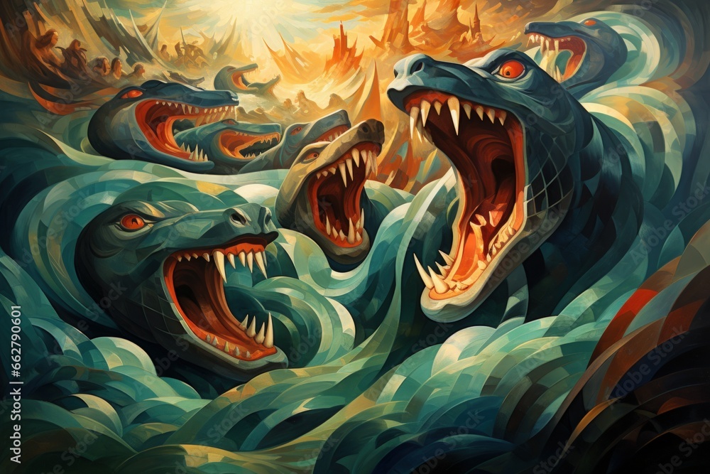 Gigantic sea serpents slithering through treacherous waters - Generative AI