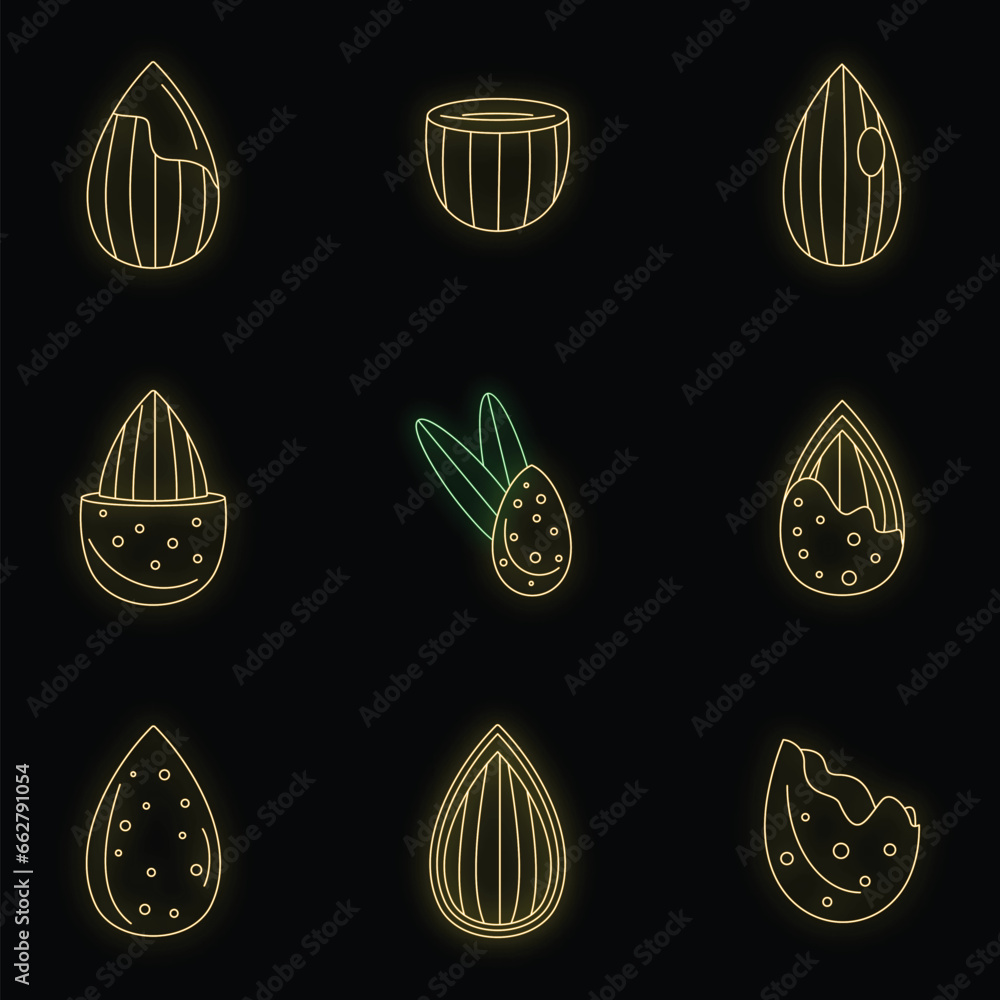 Almond walnut oil seed icons set. Outline illustration of 9 almond walnut oil seed vector icons neon color on black