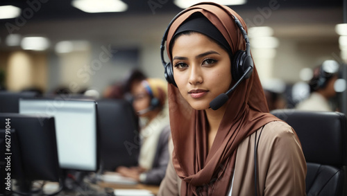Beautiful muslim businesswoman wearing microphone headset working with team in call center office.