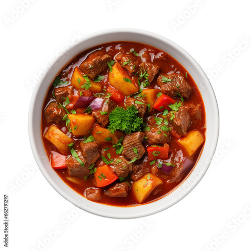 bowl of goulash top view isolated on white background, ai generated