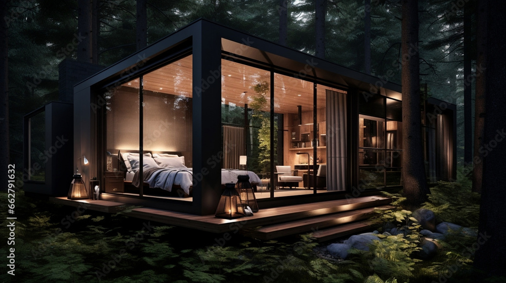Bright luxury wooden forest home architecture design night exterior modern grass building house