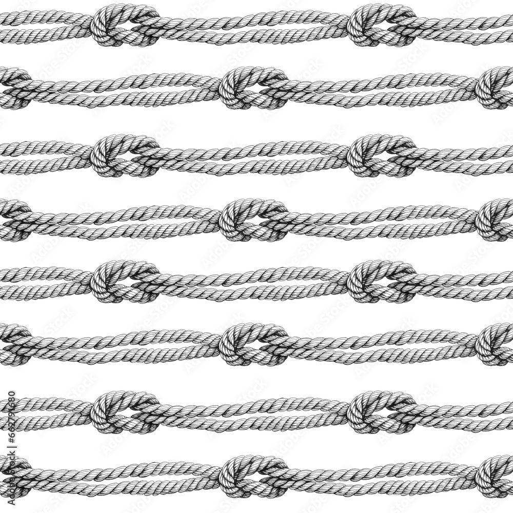 Obraz premium Seamless pattern of rope cords with knots. Hand drawn illustration. Hand painted black elements on white background. 
