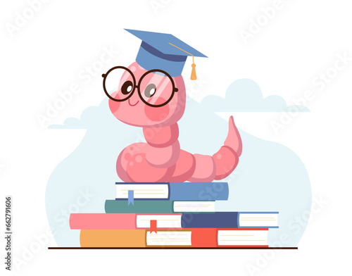 Bookworm in graduation hat and glasses sits on books. Education and knowledge symbol. Studying earthworm. Cute worm nerd mascot. Cartoon flat style isolated vector learning concept