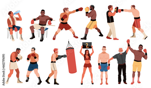 Boxing sparring. Cartoon fighters and opponents characters, training with punching bag, ring girl with round number plate, men punching and kicking with fists on championship. Tidy vector set
