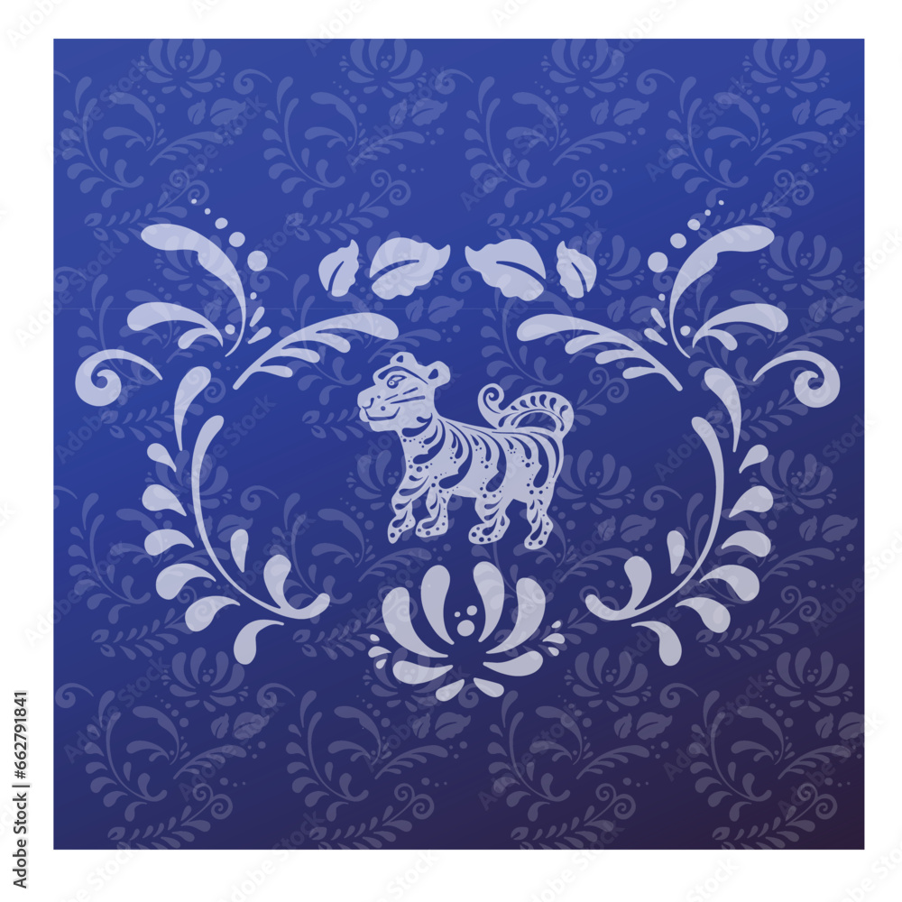 postcard tiger blue and white in ethnic Russian style, symbol of the year, vector postcard tiger blue and white in ethnic Russian style, symbol of the year, vector