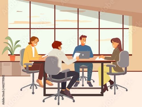 Business negotiations. Teamwork in office, people in suits sitting at table, agreement conclusion, work meeting. Transaction discussion, cartoon flat style isolated vector concept