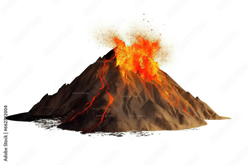 Volcanic eruption, lava coming down a volcano, isolated on white ...